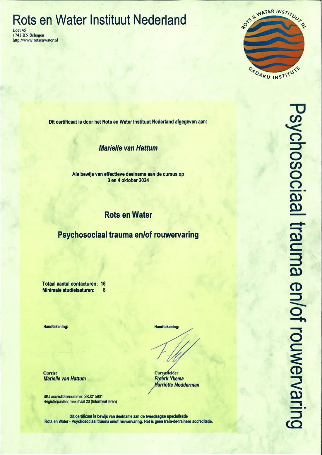 Certificaat Rots en Water psychosociaal trauma en rouwervaring, oktober 2024