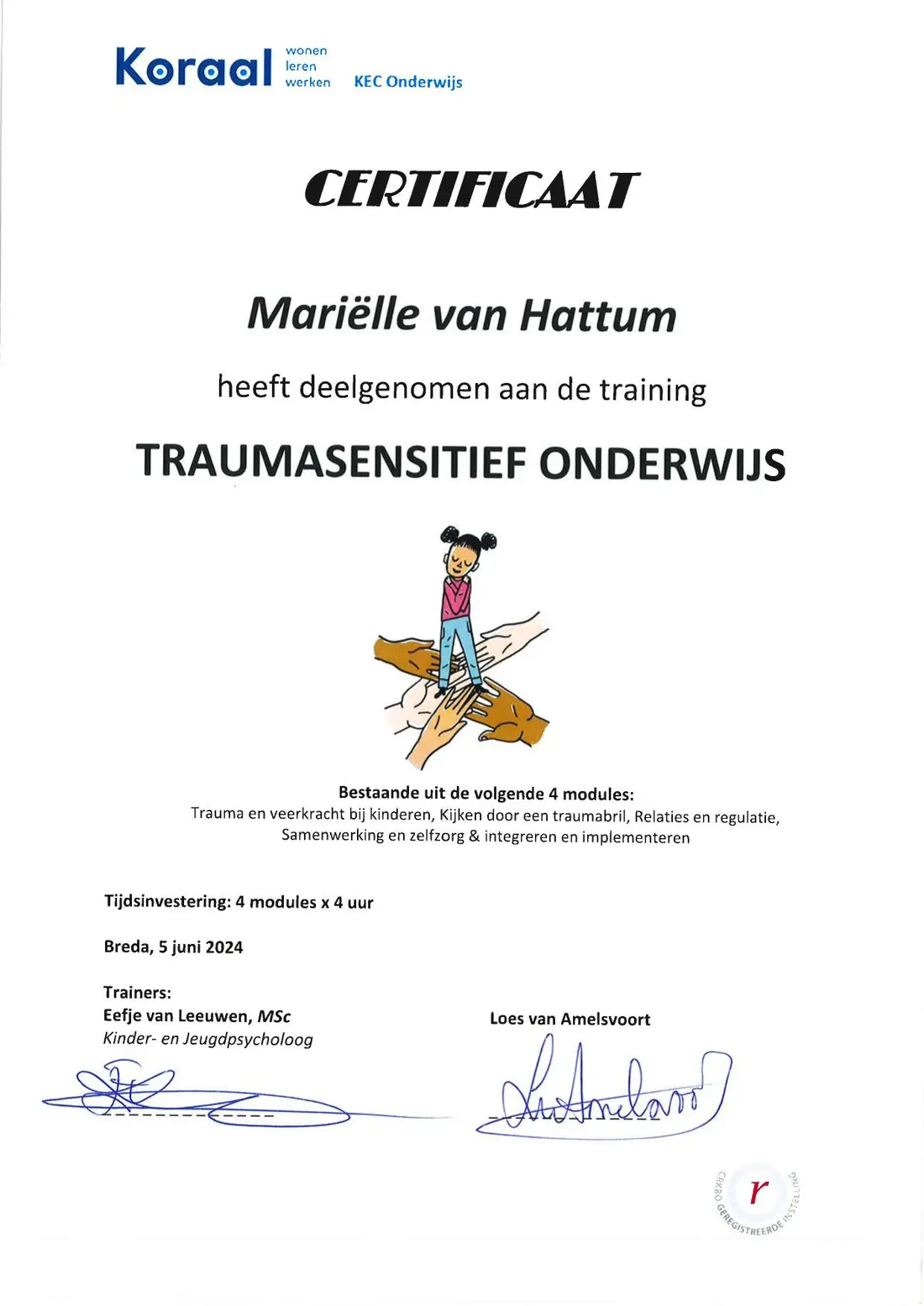 Certificaat Traumasensitief Onderwijs, behaald op 5 juni 2024